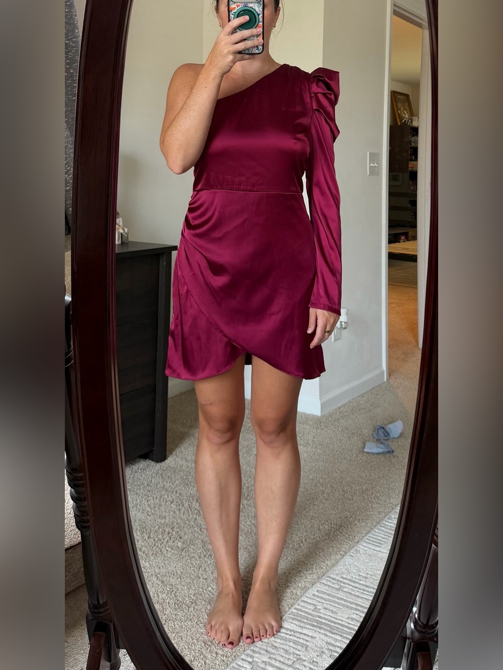 One-Shoulder Satin Mini Dress in Wine